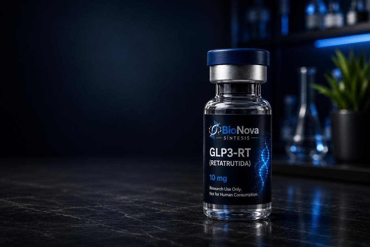 Vial BioNova GLP3-RT Retatrutida 10 mg para uso exclusivo de investigacion